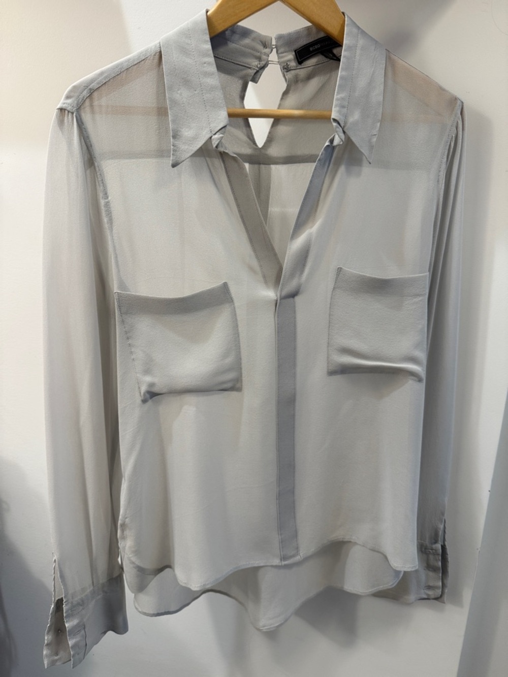 BCBGMaxAzria Light Gray Sheer V-Neck Pocket Blouse